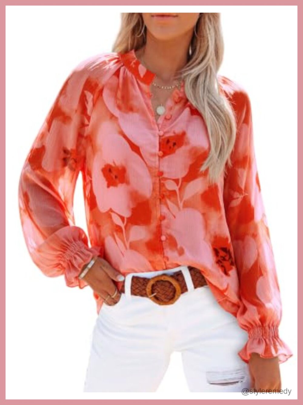 Relipop Women's Floral Print Chiffon Button Down Blouse V Neck Lantern Sleeve